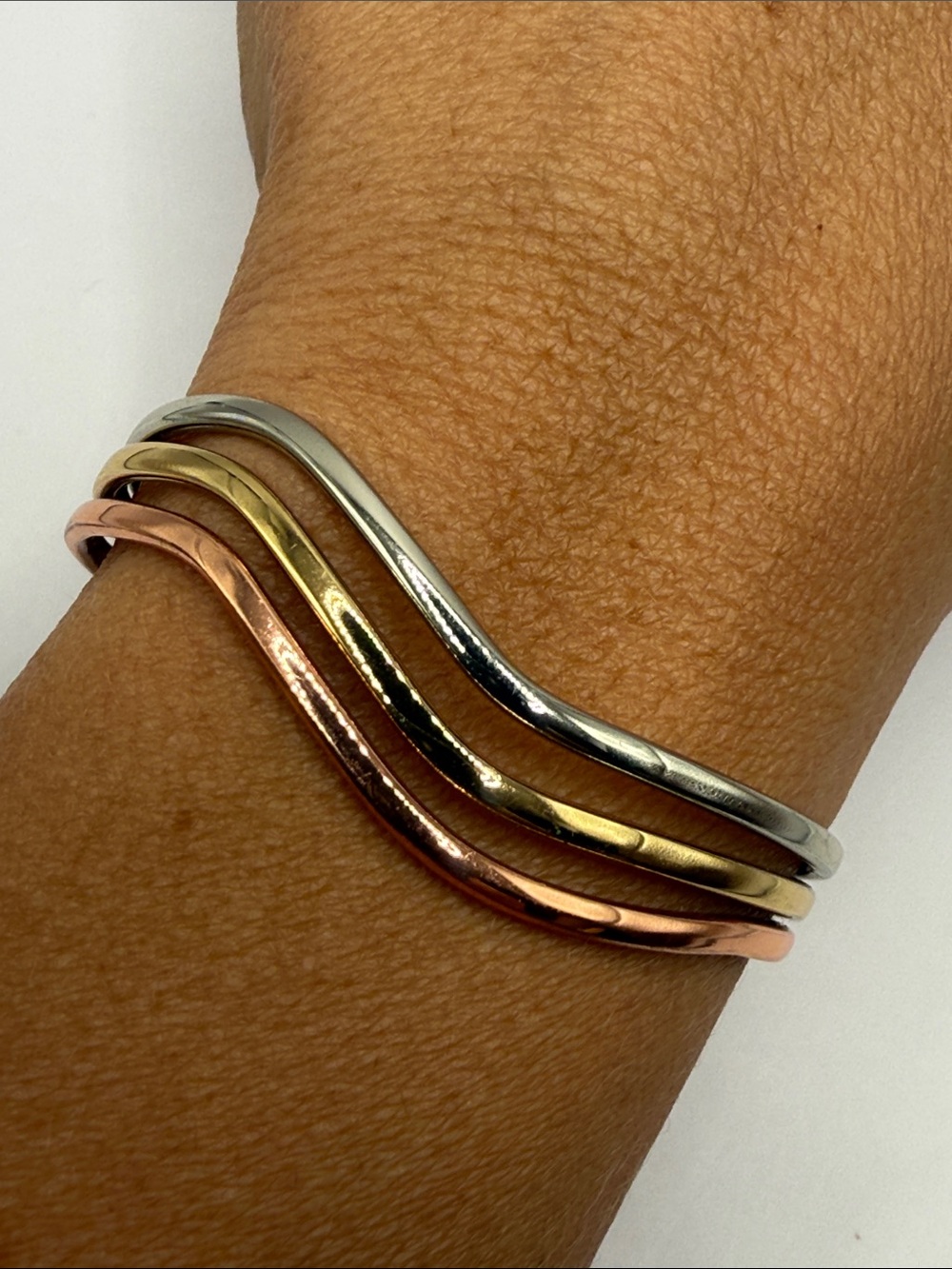 Vintage Sergio Lub Copper Silver Gold Tone Wave Bangle Cuff Statement Bracelet